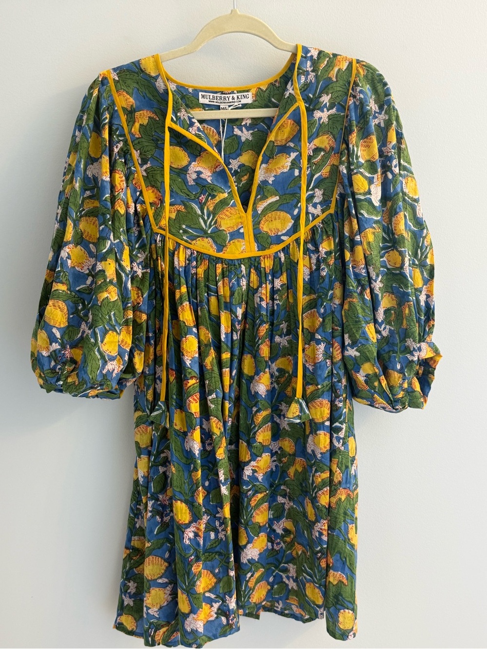 Mulberry & King Blue Floral Pintuck Peasant Dress with Yellow Trim